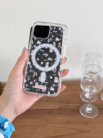 Qfdian Spring flower back cover for iphone 13 15 pro max 15pro 13promax 13pro 12 14promax transparent puppy bracket magnetic phone case